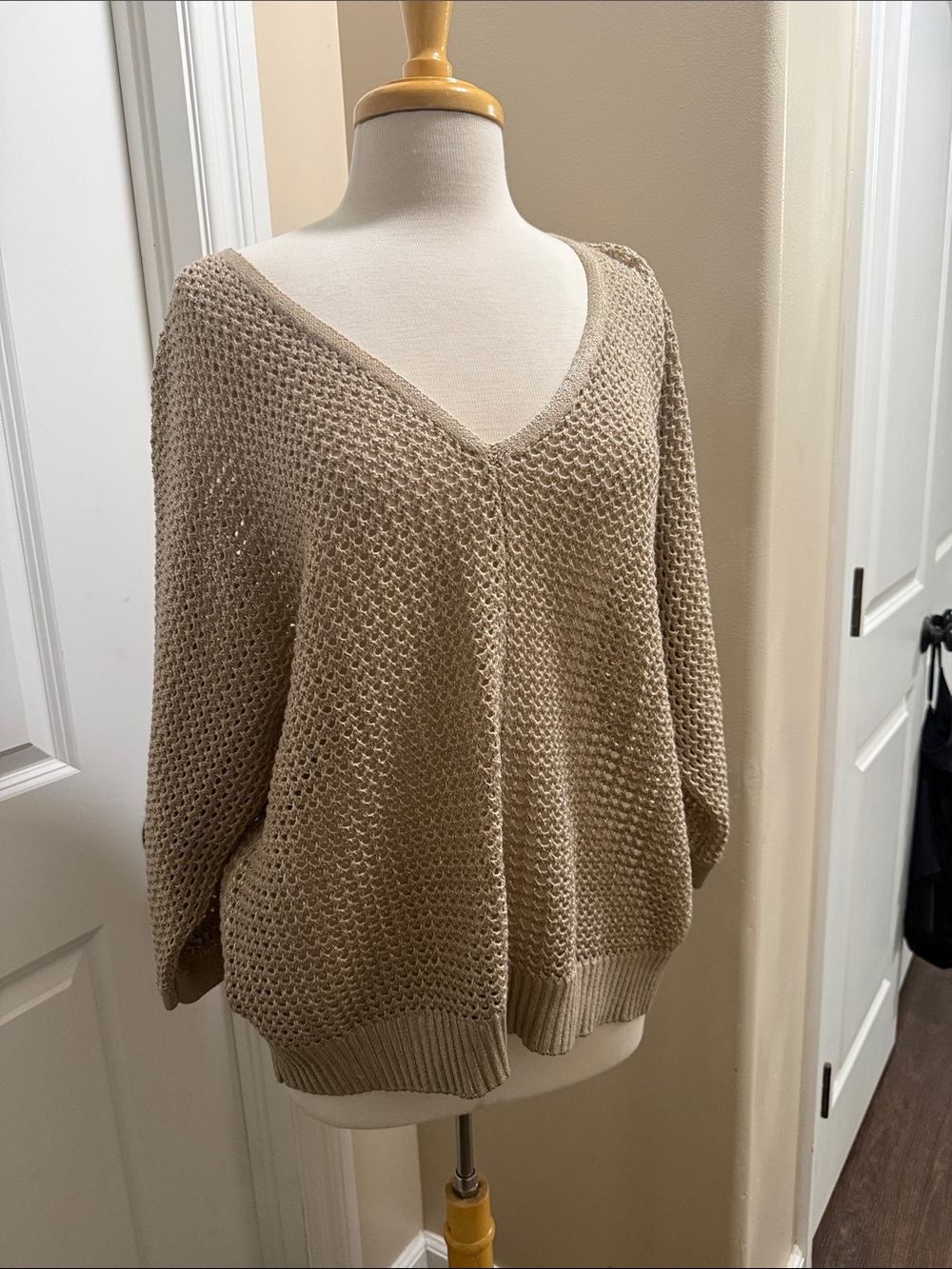 Chico's gold shimmer Taupe V-Neck Open Knit Sweater